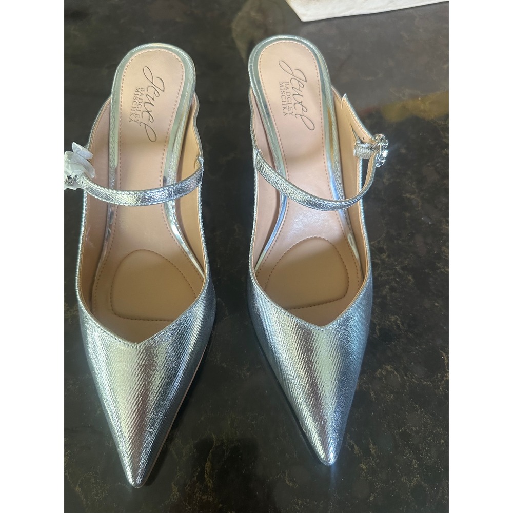 Jewel Badgley Mischka Silver Metallic Pointed Toe Crystal Buckle Mules Heels 6 - Picture 8 of 8